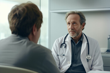 Poster -  A middle-aged man was sitting for a checkup with a doctor in the hospital. The atmosphere is friendly. The doctor calmly talks to the patient. 
