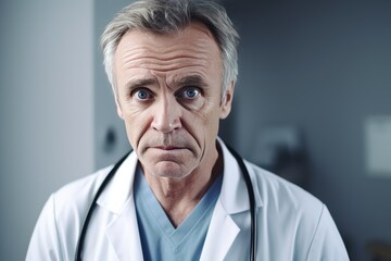 Poster -  A middle-aged man was sitting for a checkup with a doctor in the hospital. The atmosphere is friendly. The doctor calmly talks to the patient. 