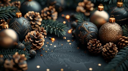 Fototapete - The modern illustration of a Merry Christmas and a Happy New Year background is black with realistic Christmas elements.