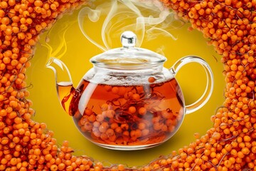 sea buckthorn herbal tea jar orange natural ingredients background copy space