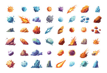 Poster - meteorites asteroids cartoon vector set. comets stones rocks crystals celestial bodies space atmosph