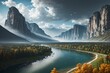 AI-generated illustration of a river flowing through a valley surrounded by mountain peaks and trees
