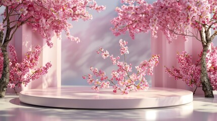 Poster - This backdrop features a spring sakura cherry blossom landscape scene. 3D rendering...