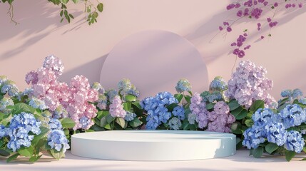 Sticker - 3D rendering of Hydrangea flower field backdrop for product display.