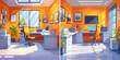 Office room cartoon concepts. Empty desk computer shelves working environment window armchair desktop lamp documents folders indoor plants interior, splendid vector illustrations