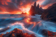 Long exposure style images of swirling ocean waves at sunset