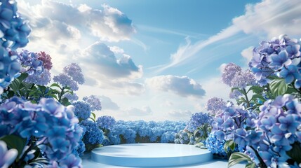 Aufkleber - The backdrop of a natural beauty podium is a Hydrangea flower field. This is a 3D rendering of the backdrop...