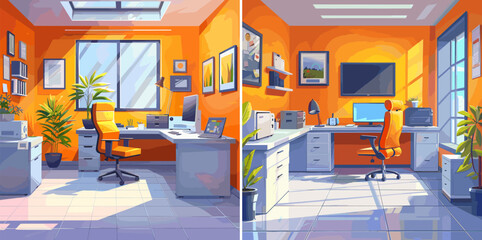 Poster - Office room cartoon concepts. Empty desk computer shelves working environment window armchair desktop lamp documents folders indoor plants interior, splendid vector illustrations
