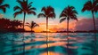 AI generated illustration of palm trees silhouetted against tropical sunset by the pool