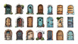 Old doors cartoon vector set. Wooden medieval metal hinges handle passages windows elements stone tiles gates castles towers fortresses dungeons entrances illustration isolated on white background
