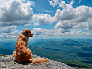 Poster - AI generated illustration of a golden dog sitting on a large rock, gazing at the mountains