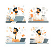 Overworked employee cartoon vector illustrations. Unorganized uncompleted office work stacks documents deadline tasks bearded man character, concepts isolated on white background
