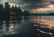 AI generated illustration of lightning strikes water under stormy clouds