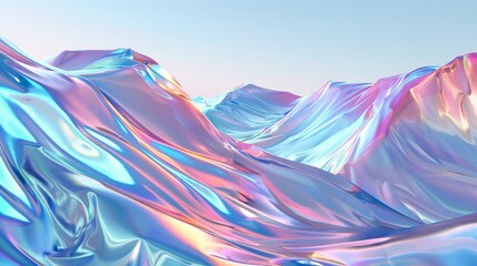 Poster - a winter landscape scene surrounded by holographic iridescent glossy cloth in 3d.