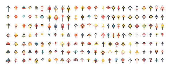 Poster - Pixel pointers colored big vector bundle. 8 bits arrows hover cursor computer navigation ui interface elements, minimalistic graphics different forms icons isolated on white background
