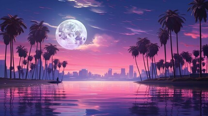 Wall Mural - AI generated illustration of the full moon in the night sky with purple clouds