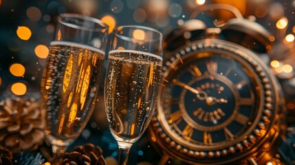 Poster - New Year's Eve, concept. New Year's Eve with gold vintage clock, champagne, confetti and fireworks.