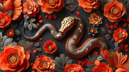 Aufkleber - This is a happy Chinese New Year 2025 for the year of the snake zodiac sign with flower, lantern, pattern, clouds, asian elements on red, gold paper cut style. (Translation: Happy Chinese New Year