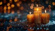 Holiday background Happy New Year 2025. Gold candles on bokeh festive sparkling background. Celebrating New Year holiday. Text space included.