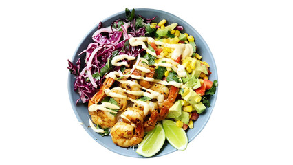 Salad with shrimp, avocado and red cabbage on a white background