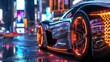 Sport futuristic car at night neon city street. speed racing concept