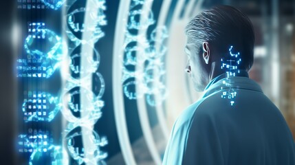 Poster - AI analyzes a patient's DNA data to predict cancer risk. Anxious atmosphere telephoto lens