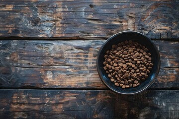 Poster - Dehydrated pet food in bowl on aged wooden table Overhead shot