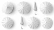 A vector set of 3D realistic renderings of white blank umbrellas, both opened and closed, presented in top and front views for mock-ups, branding, or advertising needs, isolated on a white background