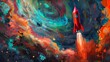 The vibrant ascent of a red rocket, detailed up close with a backdrop of colorful space, captures the essence of discovery