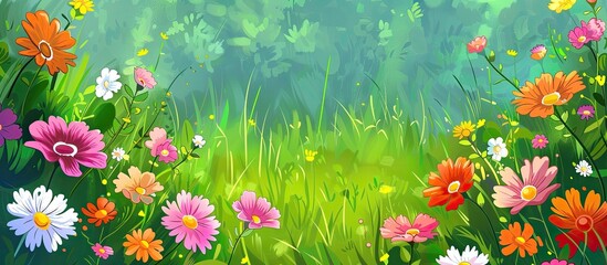 Wall Mural - A picturesque natural landscape painting featuring a field of colorful flowers under a clear blue sky, with lush grass and herbaceous plants in the foreground