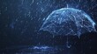 An abstract wire low poly umbrella is depicted providing protection against rain, set against a dark blue background with falling water drops, emphasizing meteorology, safety, and seasonal concepts