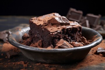 Tasty brownie in a clay dish against a galvanized steel background