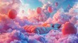 Comfortable serene bedroom floating in sky. An inviting bed floats among whimsical clouds and balloons against a sky backdrop, perfect for themes of relaxation and dreams