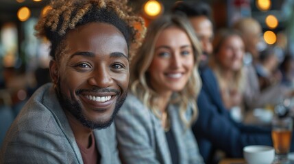 Poster - During a coffee break in the office, a multi-ethnic group of business people are laughing happily and chatting happily