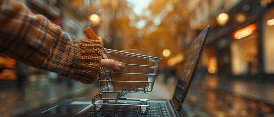 Aufkleber - Hand pushing computer and smart phone with modern UI symbolizing online shopping.