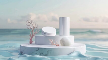 Aufkleber - Backdrop for cosmetic product display. Abstract three-dimensional scene composition background. Seascape backdrop...