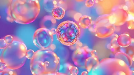 Leinwandbilder - 3D abstract background featuring holographic floating liquid blobs, soap bubbles, and metaballs.