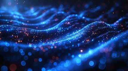 Aufkleber - Blue digital cyberspace and digital matrix with particles and lighting. Digital data network connections and digital data analysis concept. Abstract background.