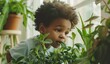 Curious child exploring nature indoors among green plants