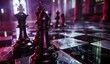 Close-up of chess pieces on reflective board with strategic atmosphere