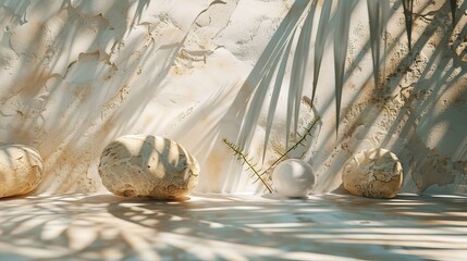Poster - For cosmetic product displays, natural beauty poduim backdrop with tropical palm tree leaves shadow. 3D rendering.
