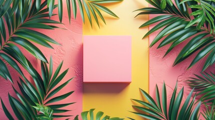 Aufkleber - For cosmetic product display on a summer vivid color background with tropical palm leaves. Flat lay. Top view. 3D render.
