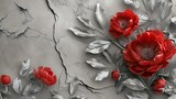 Fototapeta Na ścianę - 3d wallpaper, red peony flower with silver leaves on grey background