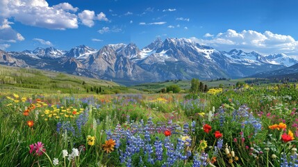 Wall Mural - meadow with flowers and mountains with cloudy sky view 