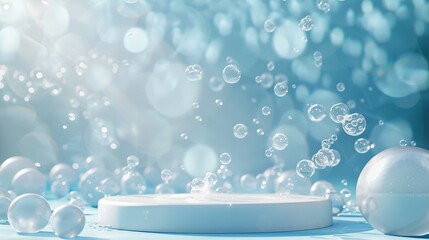Aufkleber - This is a natural beauty podium backdrop with bubbles for cosmetic product displays. The background is an abstract 3D seascape scene.