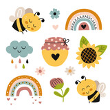 Fototapeta Dinusie - set isolated with cute bees, honey pot, flowers,rainbow, sunflower