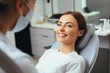 Dental consultation. Woman with smile after teeth whitening, service or mouth care. Healthcare, dentistry and happy female patient with orthodontist for oral hygiene.