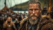 © Eugenia - Norwegian Viking men dressed in typical warrior clothing, with a close-up of the king-leader in the center of the image. An impressive portrait of a fantastic, bold character and intricate detail.