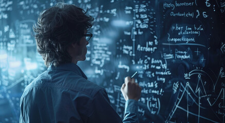 Wall Mural - A man in glasses is writing complex equations on the blackboard, trying to figure out an advanced math problem