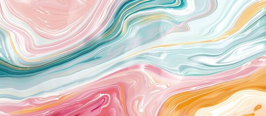 Wall Mural - A closeup of a vibrant marble texture featuring a mix of pink, magenta, peach, and electric blue colors, creating a wavelike pattern. This art piece showcases a stunning visual arts painting